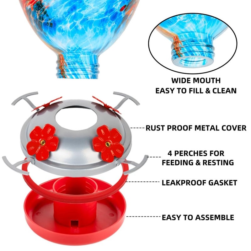 REZIPO Hummingbird Feeder with Perch - Hand Blown Glass - Blue - 38 Fluid Ounces Hummingbird Nectar Capacity Include Hanging Wires and Moat Hook - Image 3